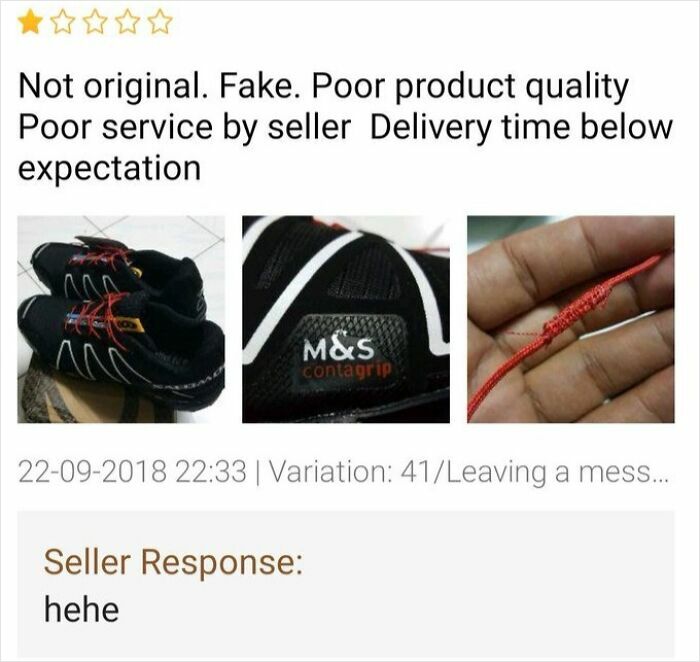 Humorous product review with complaints about fake shoes and poor service, featuring sarcastic seller response.