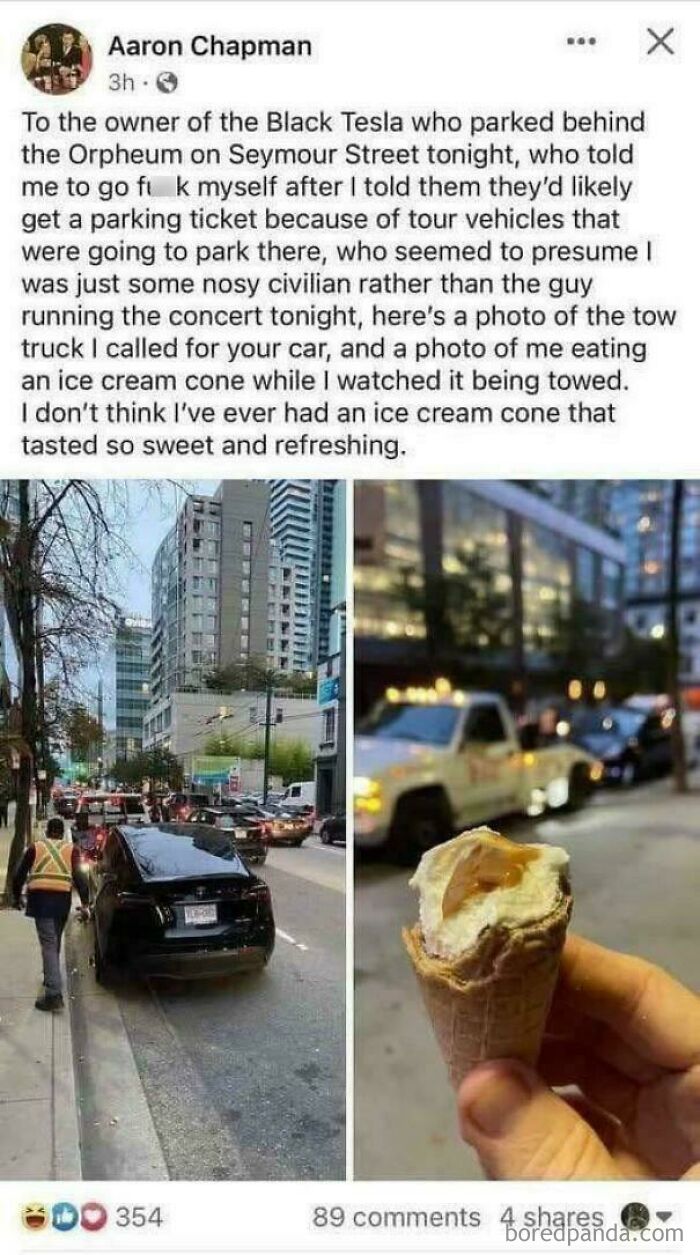 Social media post showing parking fail with a black Tesla being towed and the owner enjoying an ice cream cone nearby.