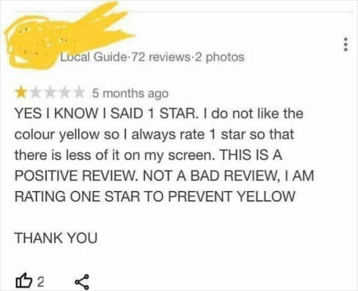 Humorous product review explaining a 1-star rating is to avoid the color yellow on the screen in a witty way.