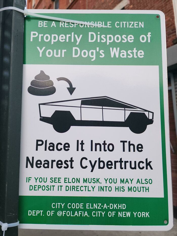Green sign humorously instructing responsible disposal of dog waste by placing it into the nearest Cybertruck, referencing parking fails.