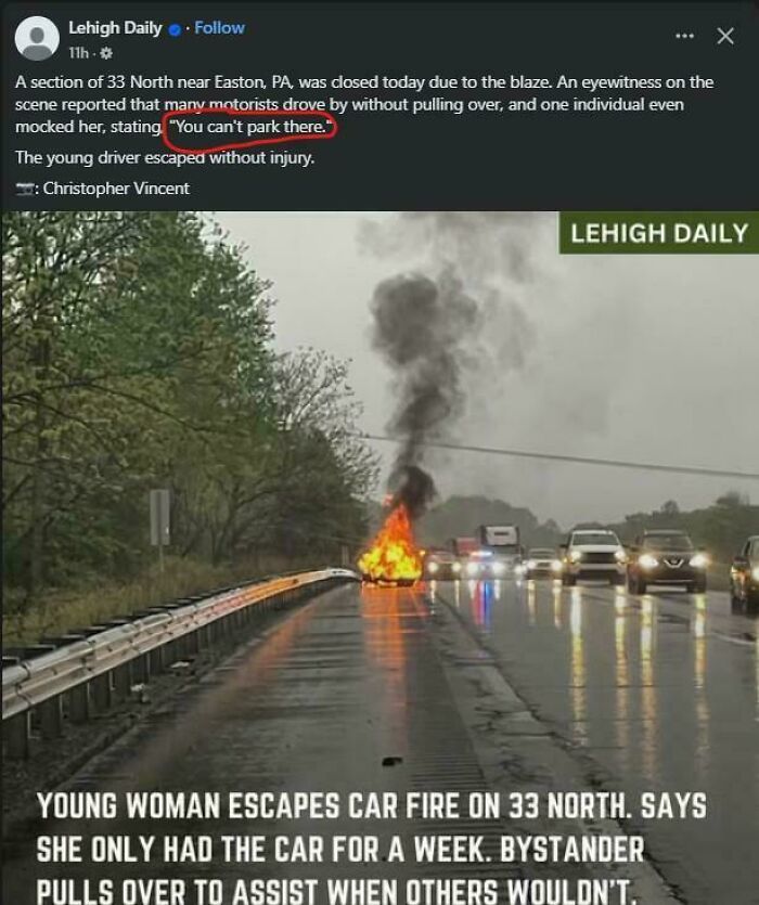 Car fire on highway with traffic passing by, illustrating one of many parking fails shared online.