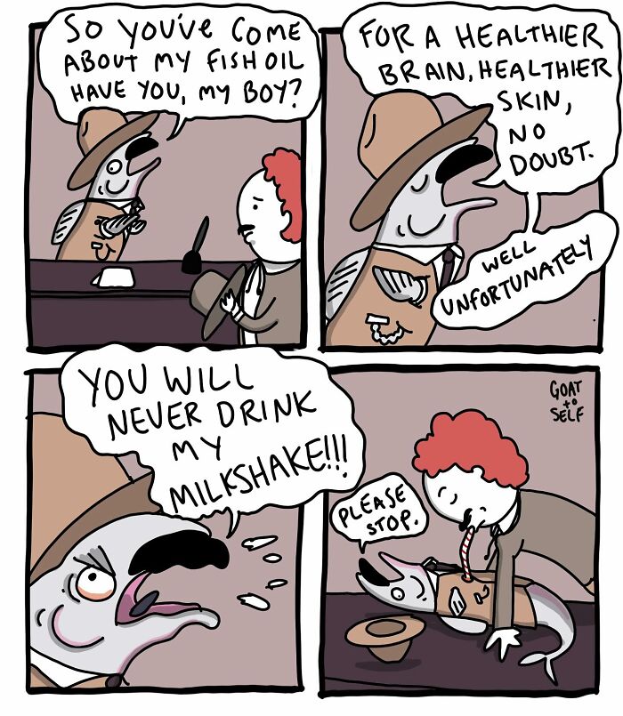Absurd comic by Canadian artist Cameron Spires featuring a fish in a suit refusing to share his milkshake.