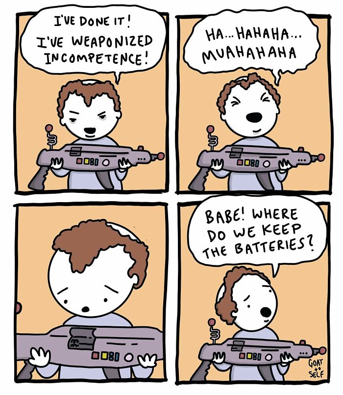 Absurd comic by Canadian artist Cameron Spires featuring a character humorously struggling with a toy weapon and batteries.