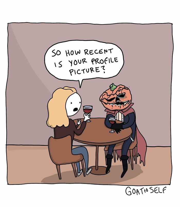 Hilariously absurd comic by Canadian artist Cameron Spires showing a woman asking a pumpkin-faced figure about profile picture recency.