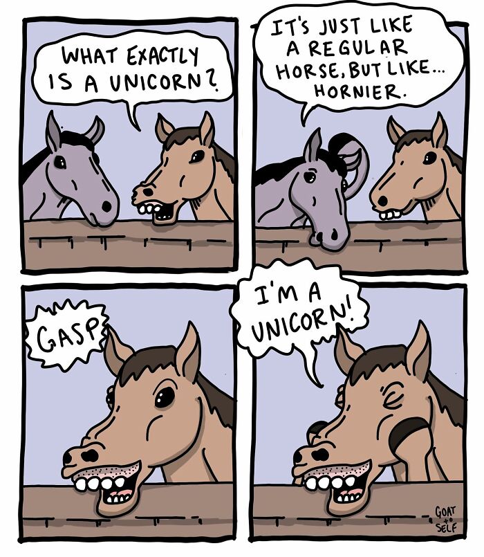 Hilariously absurd comic by Canadian artist Cameron Spires showing talking horses debating what a unicorn is.