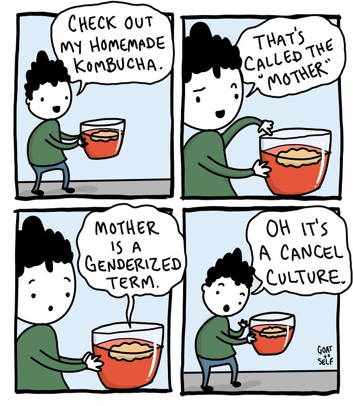 Comic by Canadian artist Cameron Spires shows a person humorously debating kombucha culture and cancel culture.