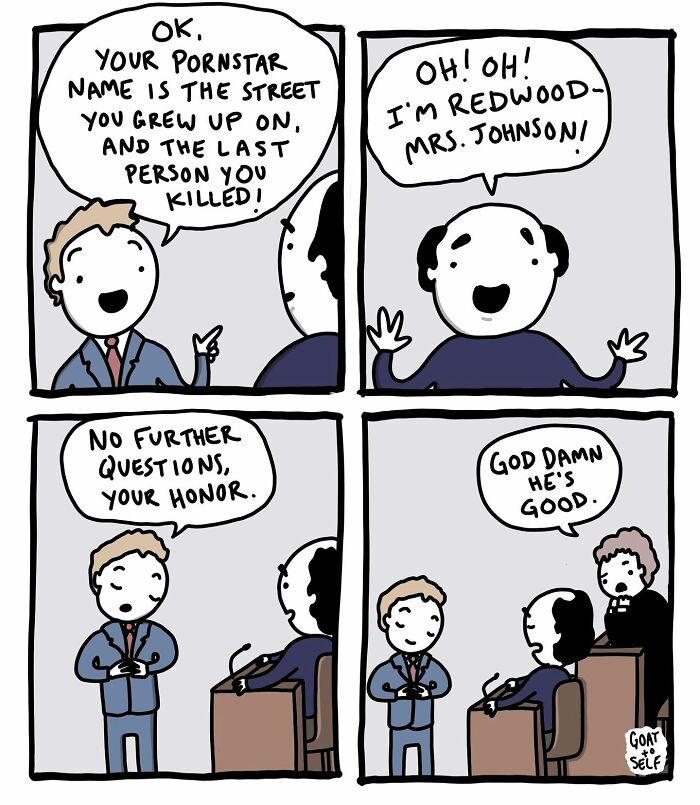 Absurd comic by Canadian artist Cameron Spires featuring a courtroom joke about pornstar names and witness humor.