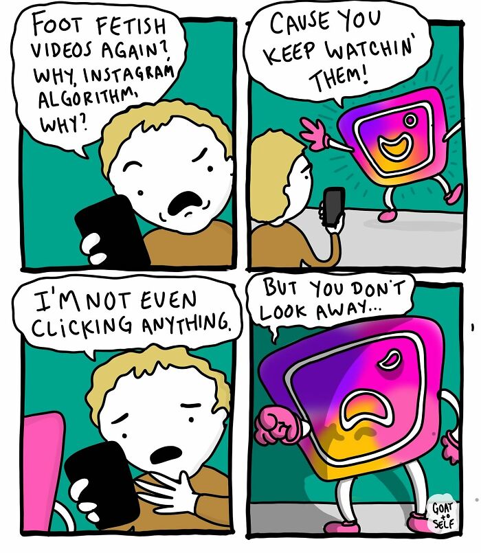 Comic by Canadian artist Cameron Spires showing a person struggling with Instagram algorithm and foot f****h videos.