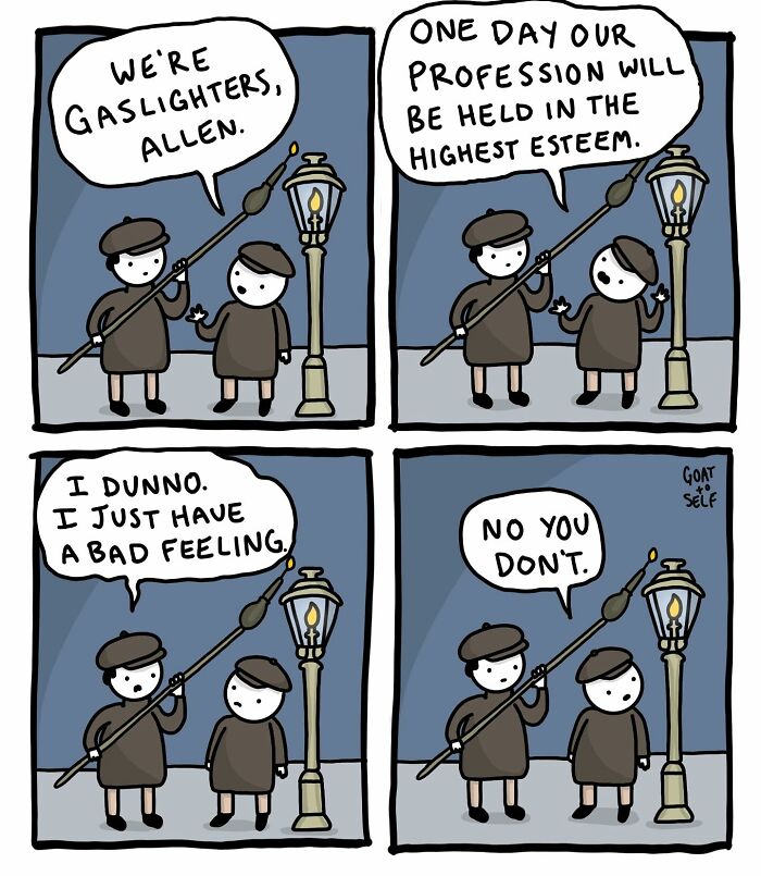 Comic strip by Cameron Spires showing two gaslighters discussing their future profession with absurd humor.