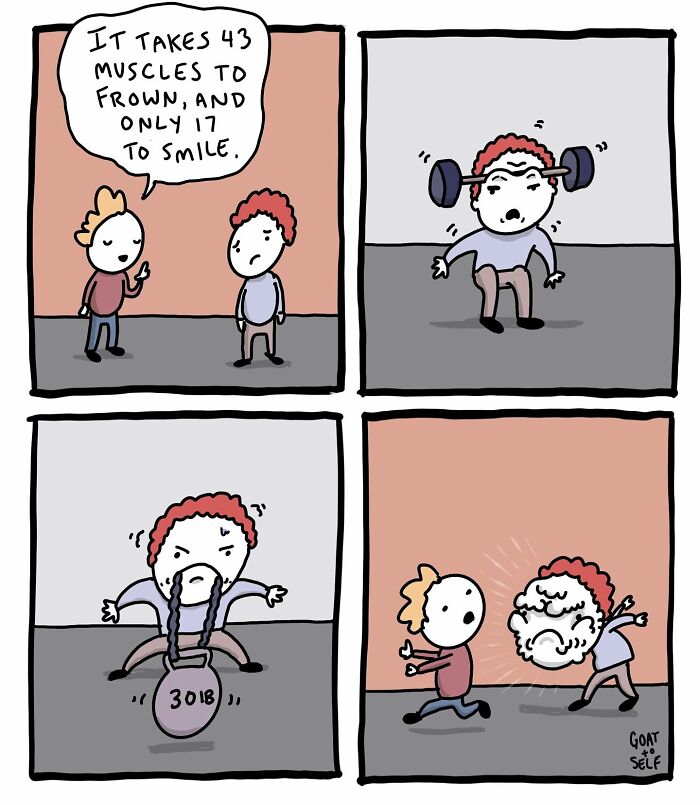 Comic by Canadian artist Cameron Spires showing a character struggling to frown with exaggerated effort.