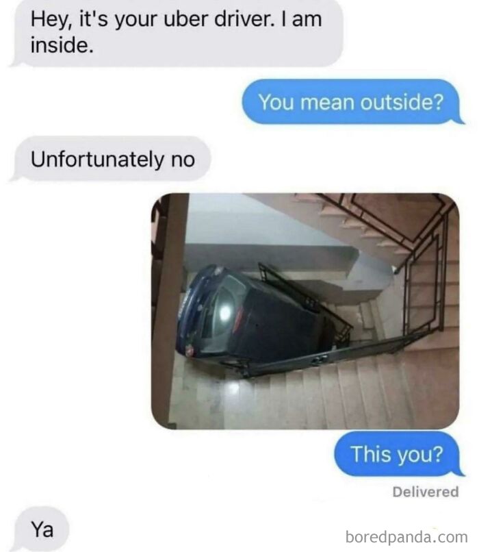 Text message exchange showing a car mistakenly parked inside a stairwell, illustrating a parking fail.
