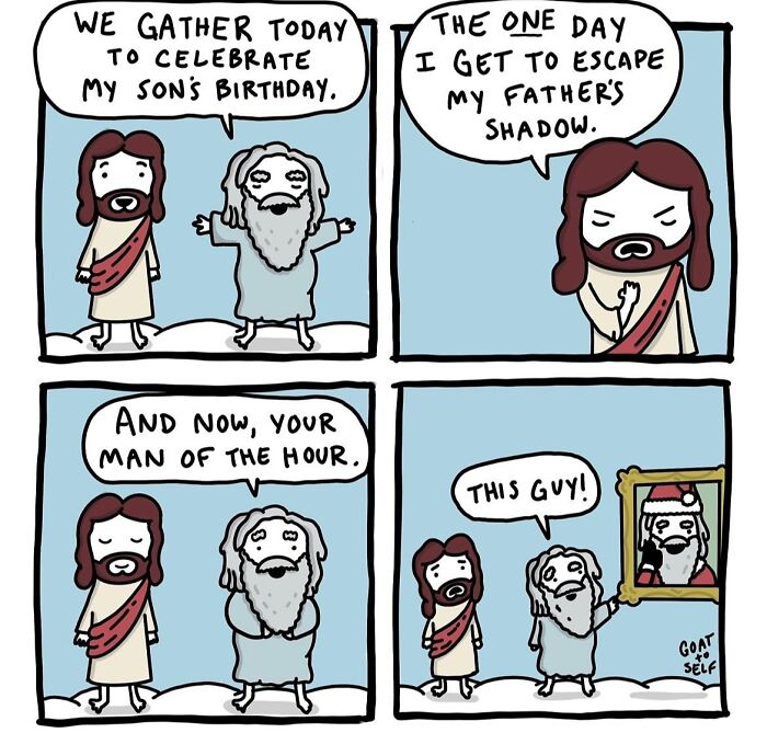 Absurd comic by Canadian artist Cameron Spires depicting a humorous birthday scene with biblical characters and Santa portrait.