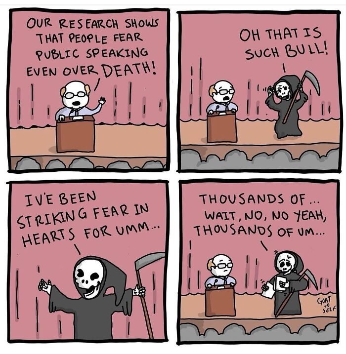 Comic by Canadian artist Cameron Spires showing a speaker and a confused Grim Reaper discussing fear of public speaking.