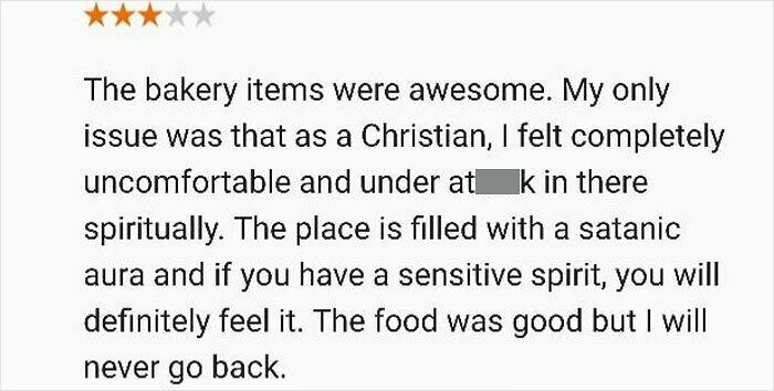 Humorous product review describing bakery items as good but creating an uncomfortable spiritual vibe for a sensitive customer.