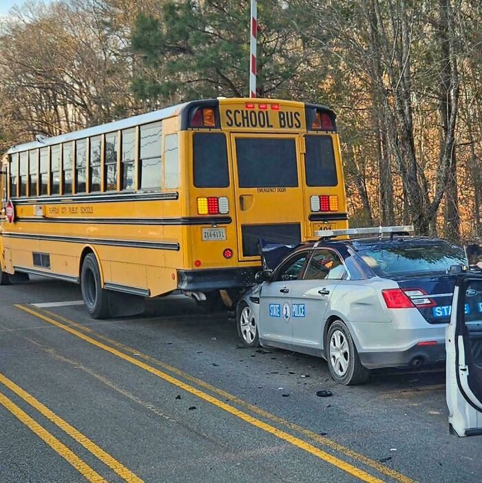 State police car crashed into the back of a stopped school bus, showcasing one of many parking fails shared online.