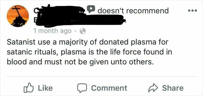 Screenshot of a humorous product review claiming donated plasma is used for satanic rituals, showing immaculate sense of humor.