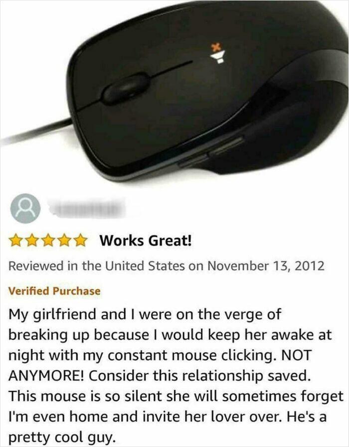 Funny product review praising a silent mouse that saved a relationship by stopping constant clicking noise.