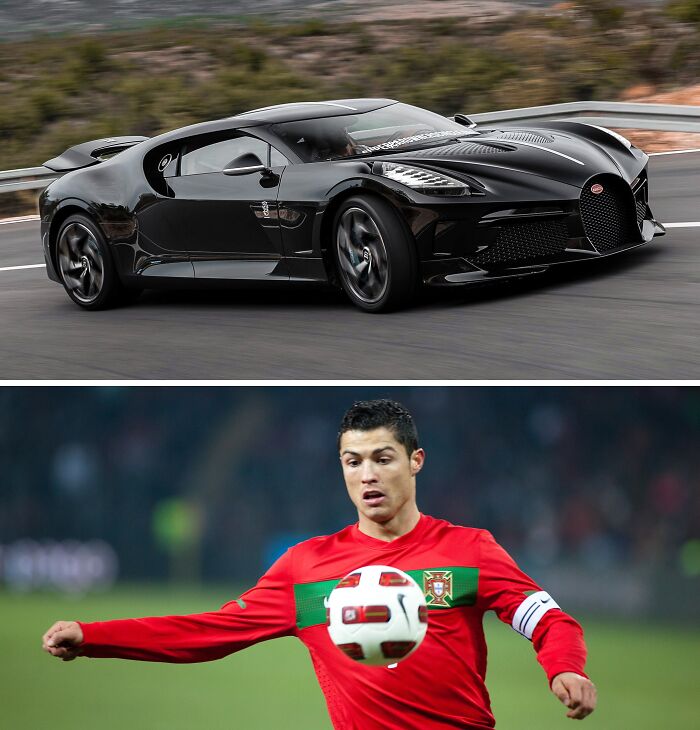 Black luxury sports car on a highway and a football player in red jersey controlling the ball during a match.