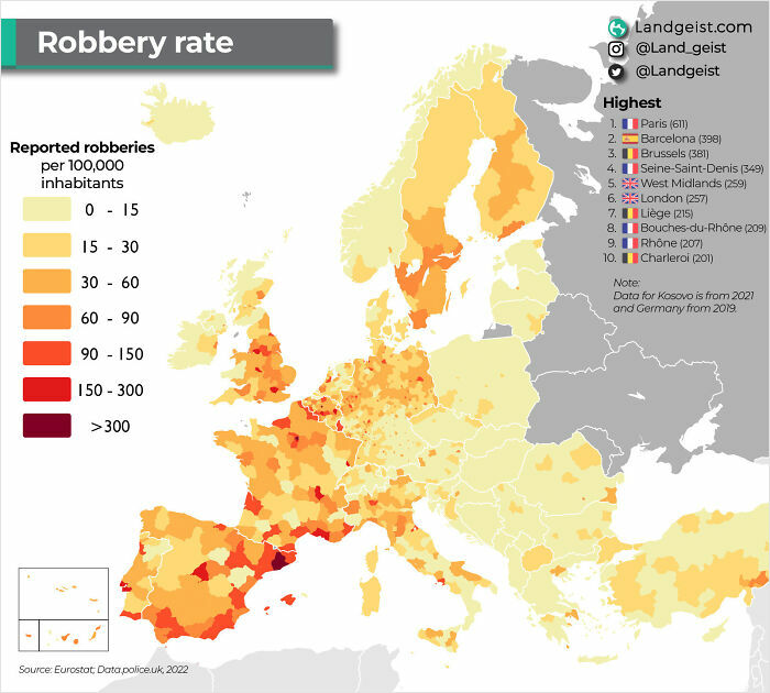 Map of Europe showing robbery rates per 100,000 inhabitants, highlighting parts of the world with varying crime levels.