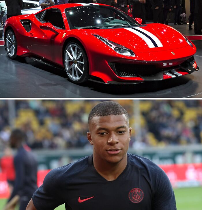 Red luxury sports car with white racing stripes showcased at an event, paired with a football player in training gear.