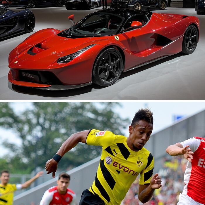 Red luxury sports car and football player in action, showcasing lavish cars of football's richest athletes.