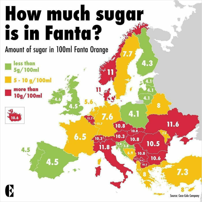 Map of Europe showing sugar content in Fanta Orange per 100ml by country with color-coded infographic and numeric values.