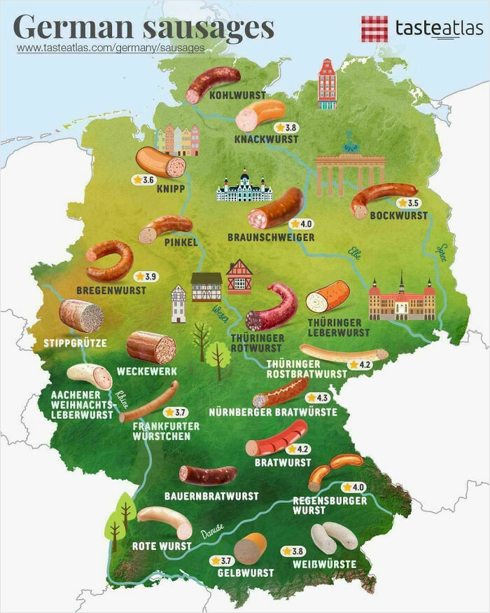 Map of Germany showing different types of sausages with ratings, highlighting parts of the world and cultural food charts.