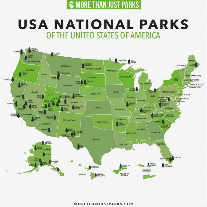 Map of USA national parks highlighting key locations across the United States with informative charts about parts of the world.