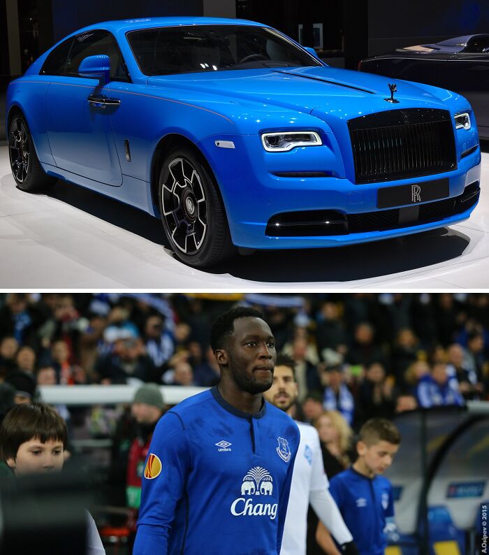 Blue Rolls-Royce luxury car and football player, showcasing lavish cars of football's richest stars.