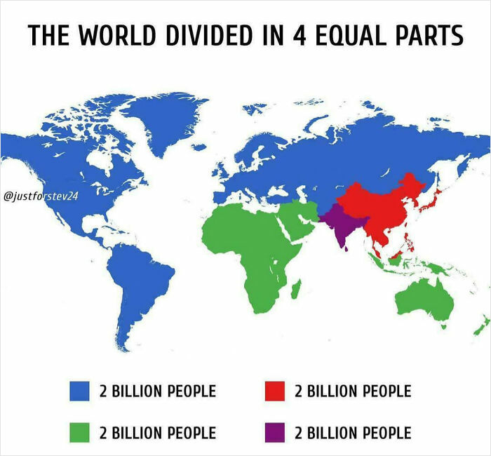 World map showing parts of the world divided into four equal parts by population of 2 billion people each.