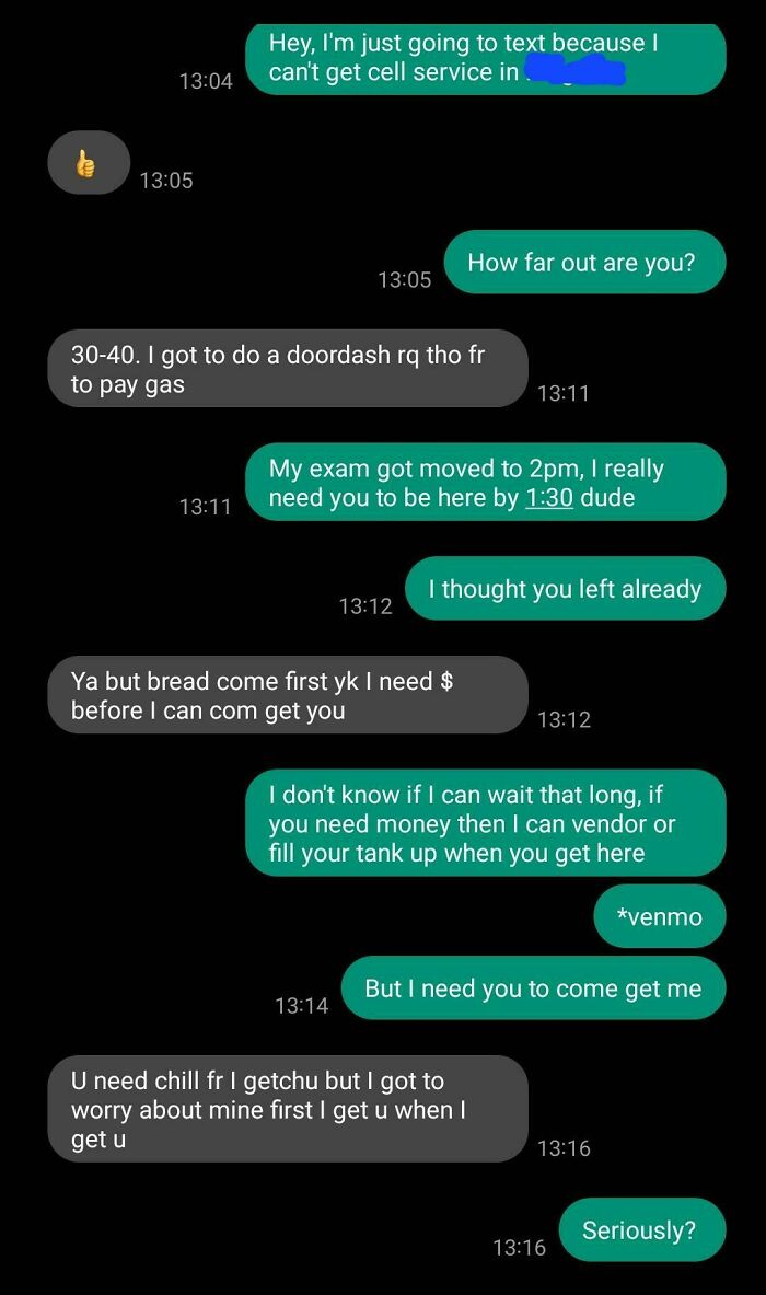 Text message conversation showing sibling shenanigans involving delays, money requests, and last-minute plans in a humorous exchange.