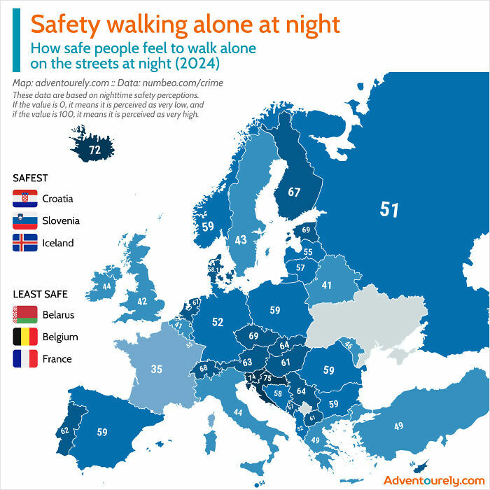 Map of parts of the world showing safety walking alone at night with scores by country in 2024 charts.