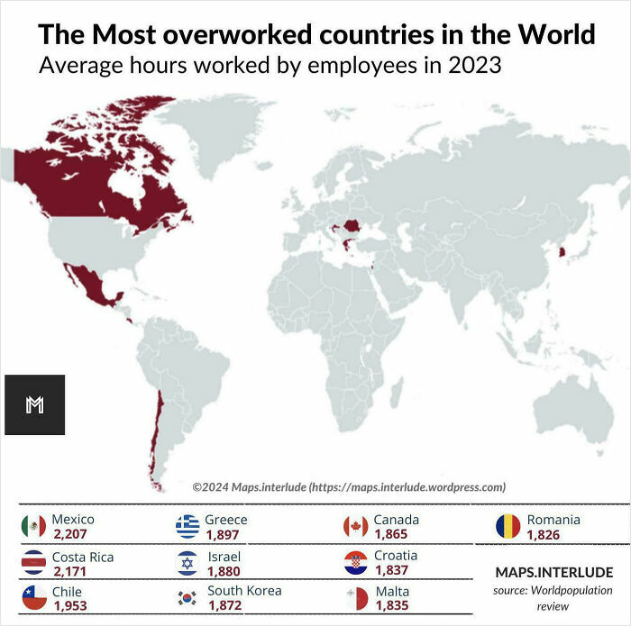 Map showing the most overworked countries in the world with average hours worked by employees in 2023 charts.