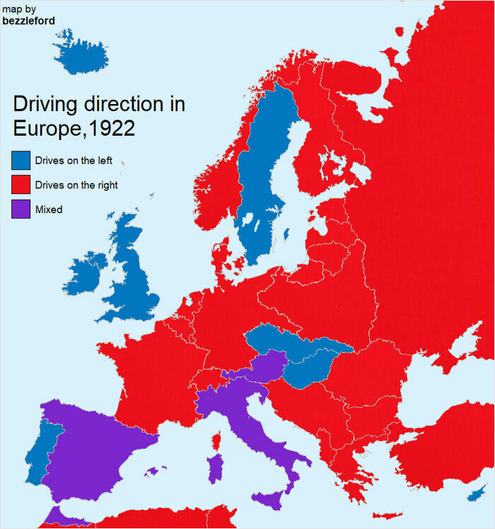 Map of driving directions in Europe 1922, showing countries driving on left, right, and mixed sides in world charts.