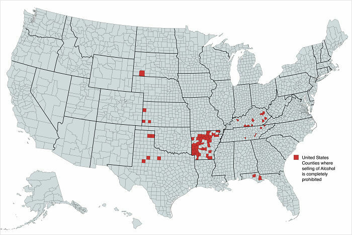 Map of United States counties where selling alcohol is completely prohibited highlighted in red, showing unique parts of the world.