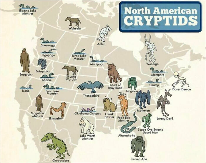 Illustrated map of North American cryptids showing various mythical creatures across the United States and Canada.