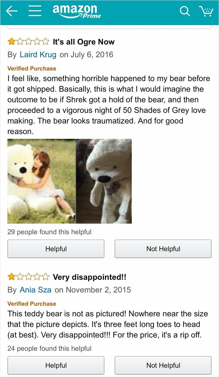 Amazon reviews showing humorous feedback on teddy bear products with funny and disappointed customer comments.