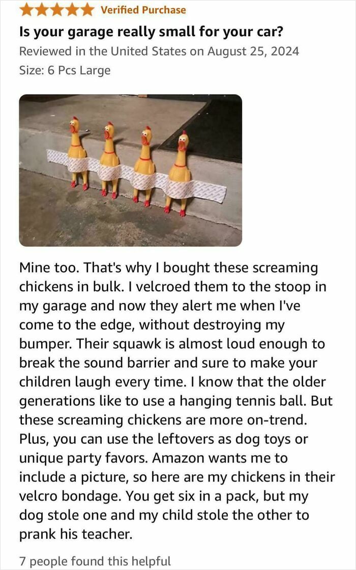 Rubber screaming chickens velcroed by garage edge as a funny product review showing an immaculate sense of humor.