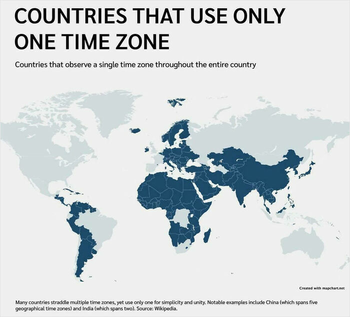 World map highlighting countries that use only one time zone, showing global parts of the world in a clear visual chart.
