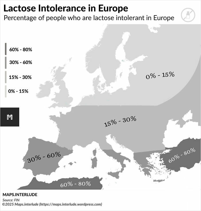Map showing lactose intolerance percentages across parts of Europe with varying rates from 0% to 80% in different regions.