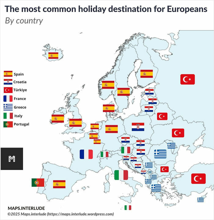 Map showing the most common holiday destinations in Europe by country with flags indicating Spain, Croatia, Türkiye, France, Greece, Italy, and Portugal.