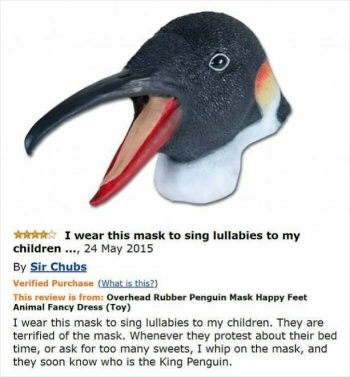 Rubber penguin mask review showing immaculate humor in product and service reviews with funny parenting story.