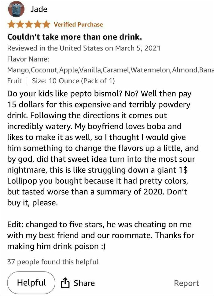 Humorous product review describing a powdery drink that tastes bad and led to a funny relationship update.
