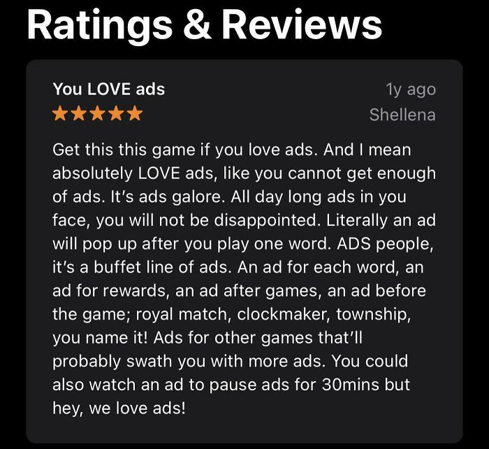 Humorous product review praising excessive ads with witty sarcasm showcasing an immaculate sense of humor in service reviews.