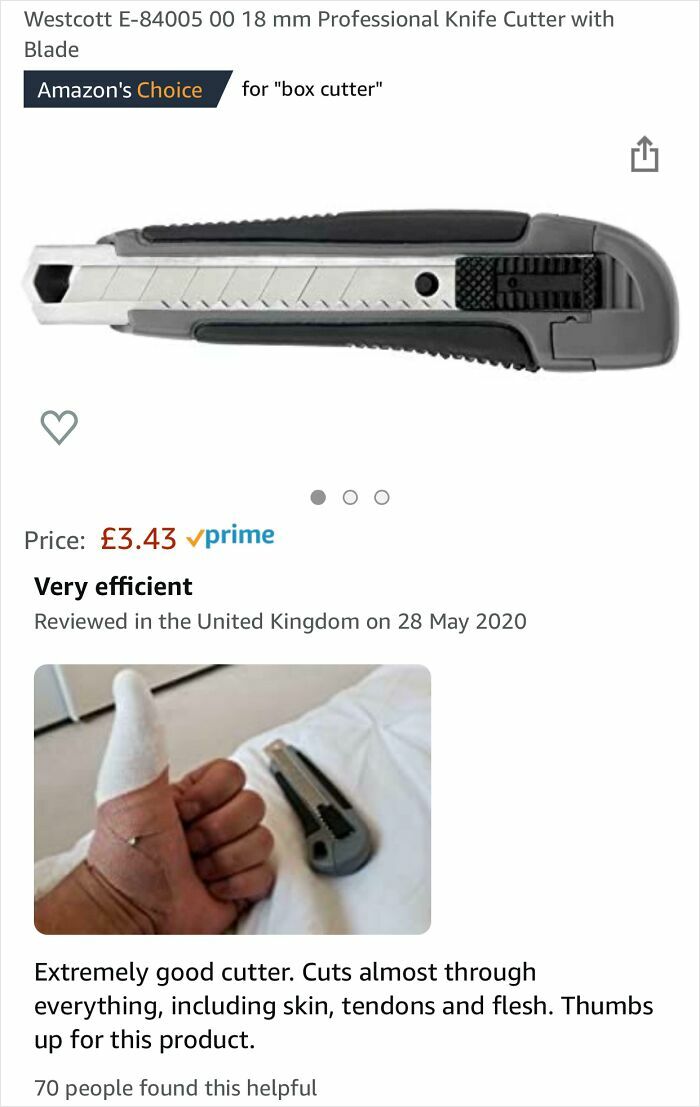 Humorous product review showing a box cutter with a thumb bandaged, highlighting witty service review humor.
