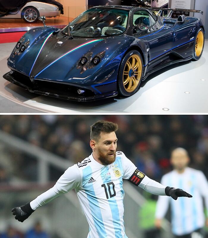 Luxury sports car with carbon fiber finish and gold rims showcased alongside a football player in action for football's richest.