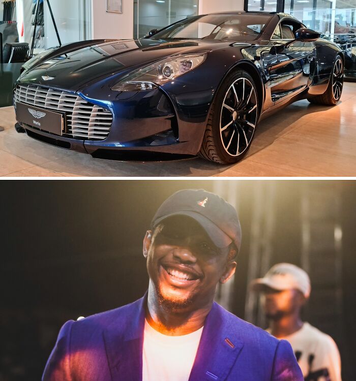 Luxury sports car in showroom and smiling man wearing a cap, showcasing lavish cars of football's richest players.