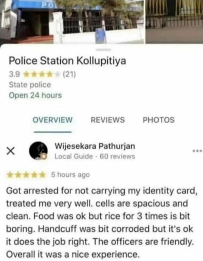 A humorous product and service review describing a police station visit with a witty, positive tone.