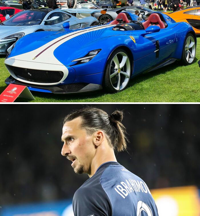 Blue luxury sports car with red interior showcased at an event and footballer Ibrahimovic in action on the field.