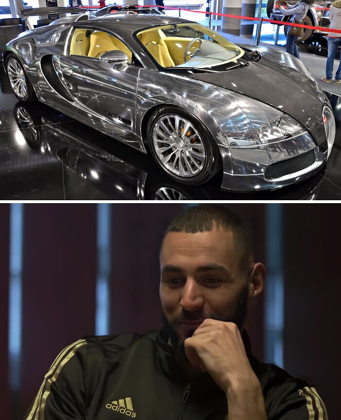 Silver luxury supercar with premium interior showcased, next to a football player in a dark Adidas jacket during an interview.